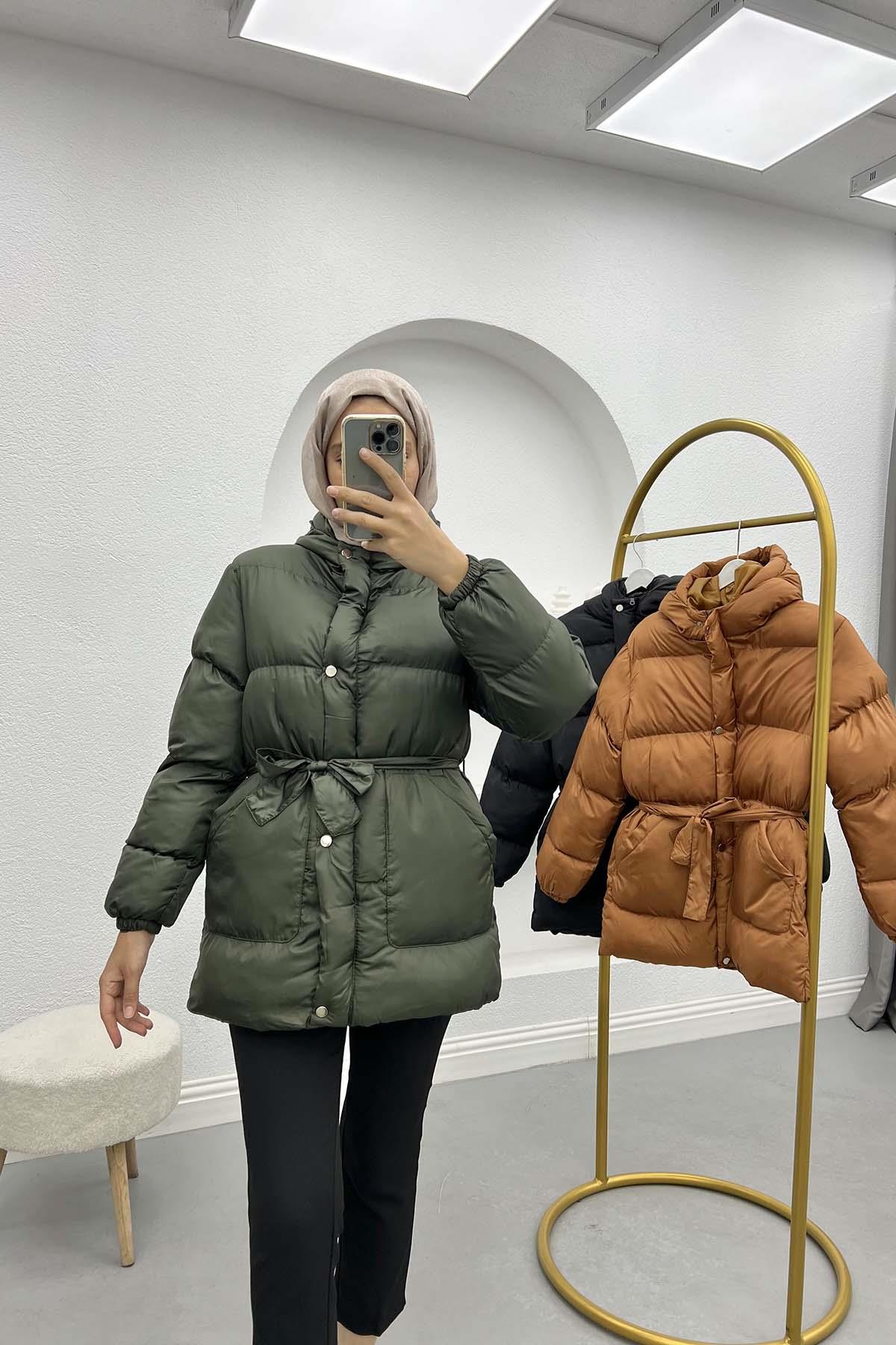 Belted Puffer Jacket Khaki