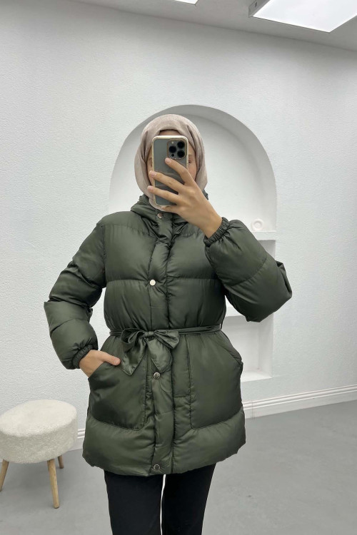 Belted Puffer Jacket Khaki