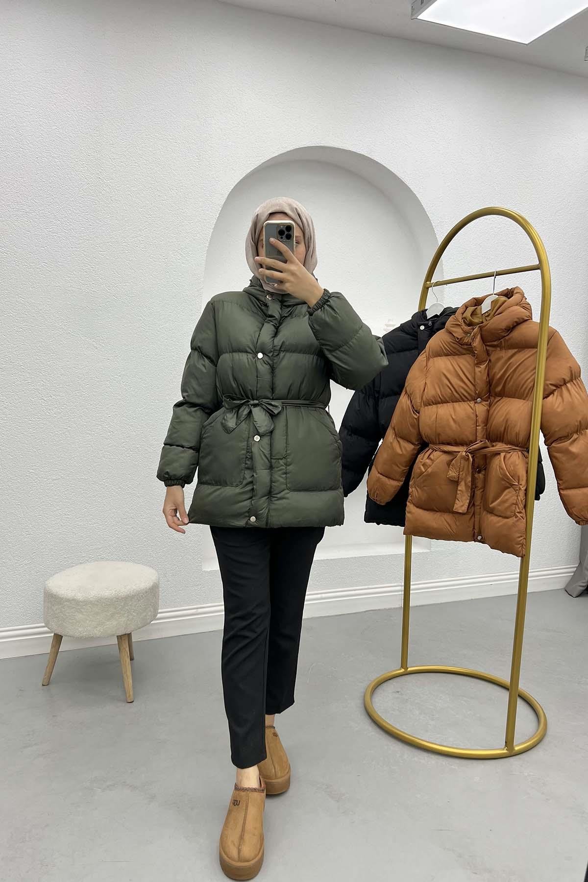 Belted Puffer Jacket Khaki