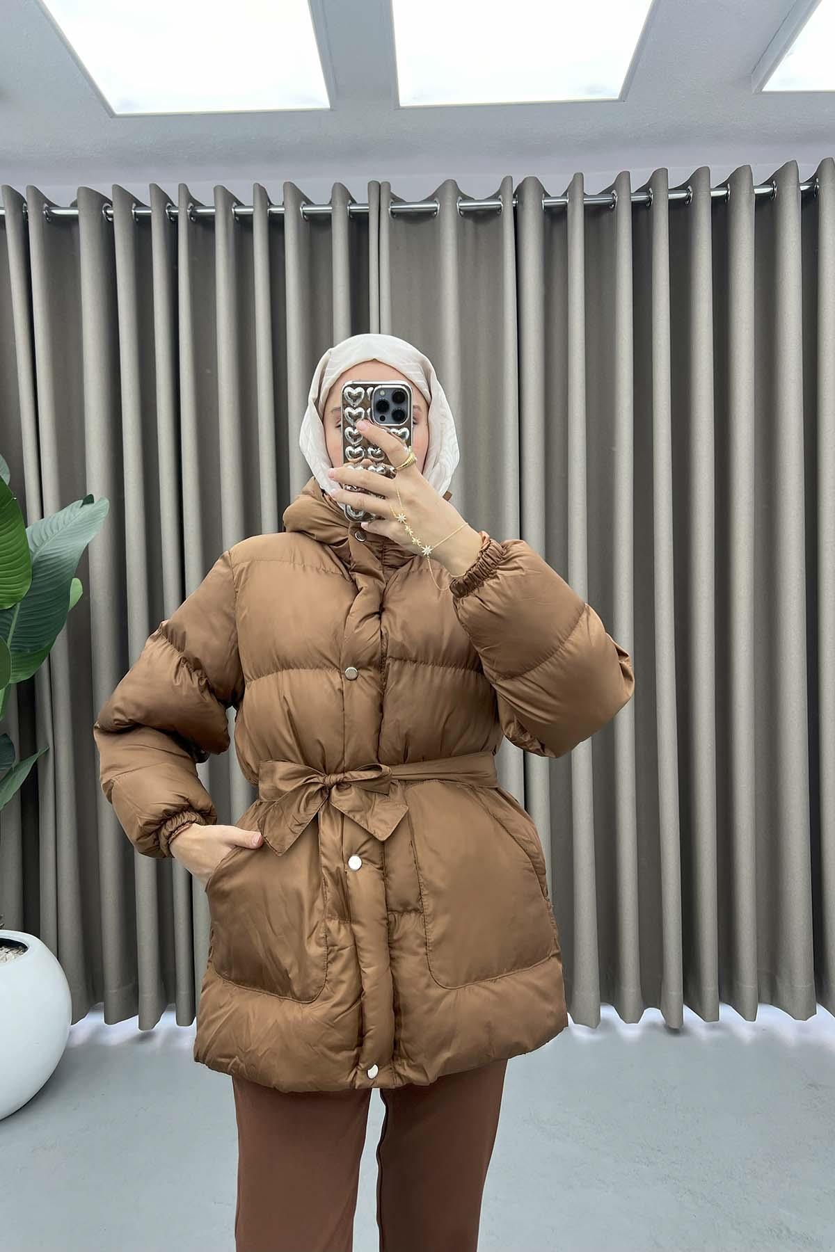 Belted Puffer Jacket Brown