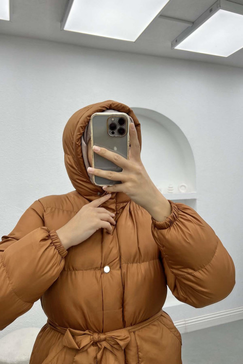 Belted Puffer Jacket Tan