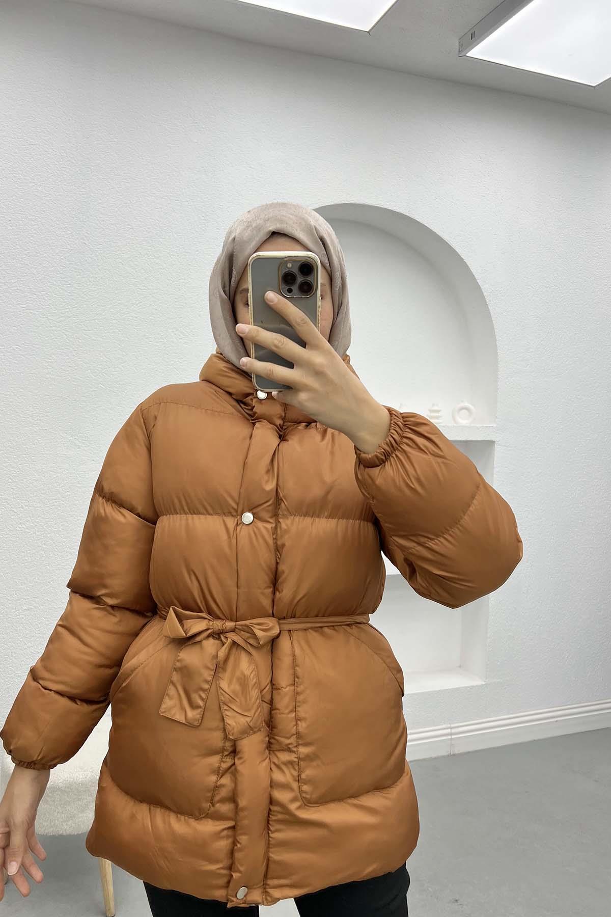 Belted Puffer Jacket Tan