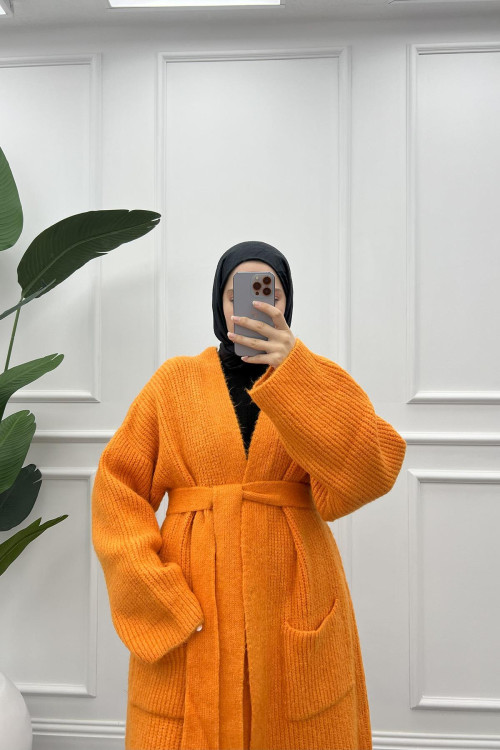 Belted Knitwear Cardigan Orange