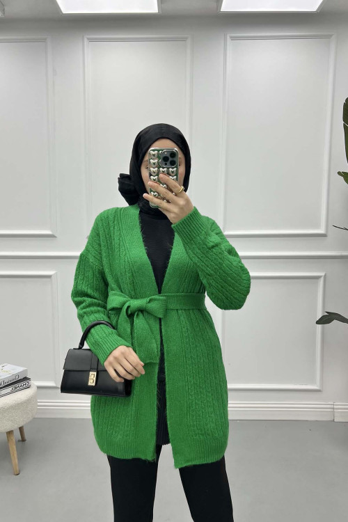 Belted Knitted Cardigan Green