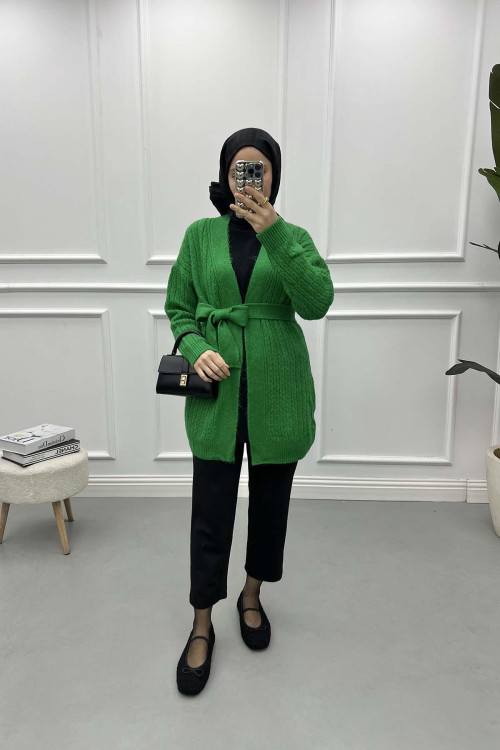 Belted Knitted Cardigan Green