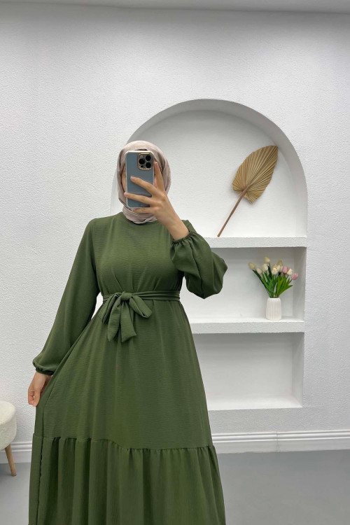 Belted Flounce Dress Khaki