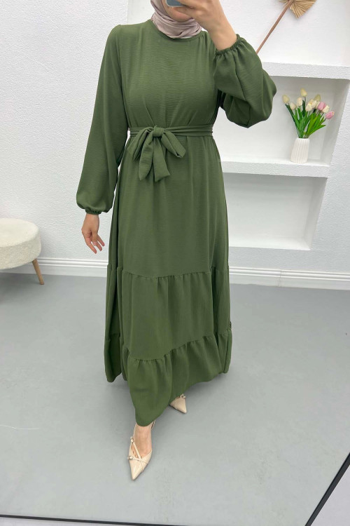 Belted Flounce Dress Khaki