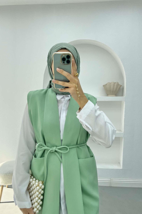 Belted Vest Set Aqua Green