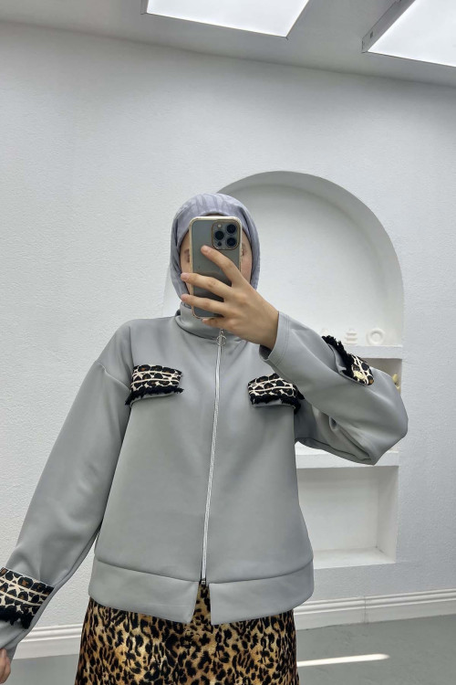 Leopard Pocket Scuba Jacket Gray