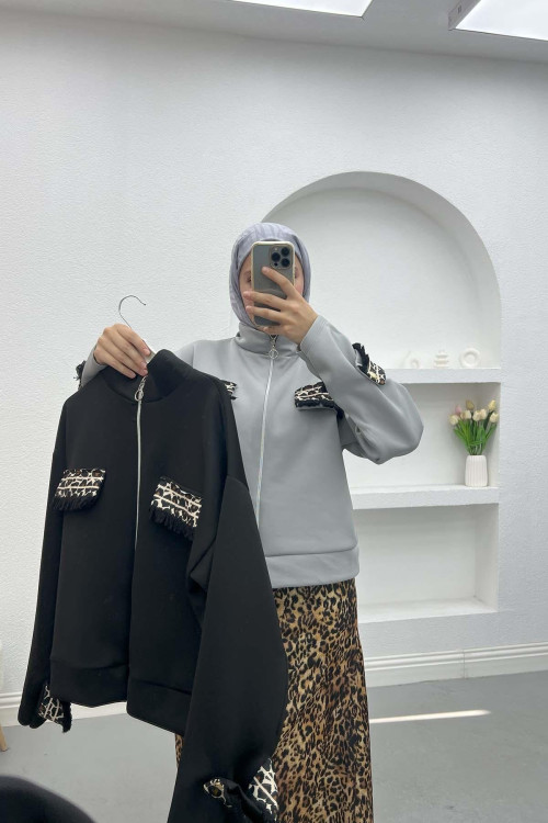 Leopard Pocket Scuba Jacket Gray