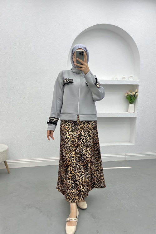 Leopard Pocket Scuba Jacket Gray