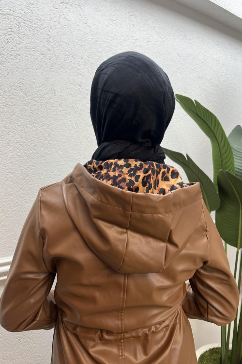 Leopard Patterned Leather Coat Brown