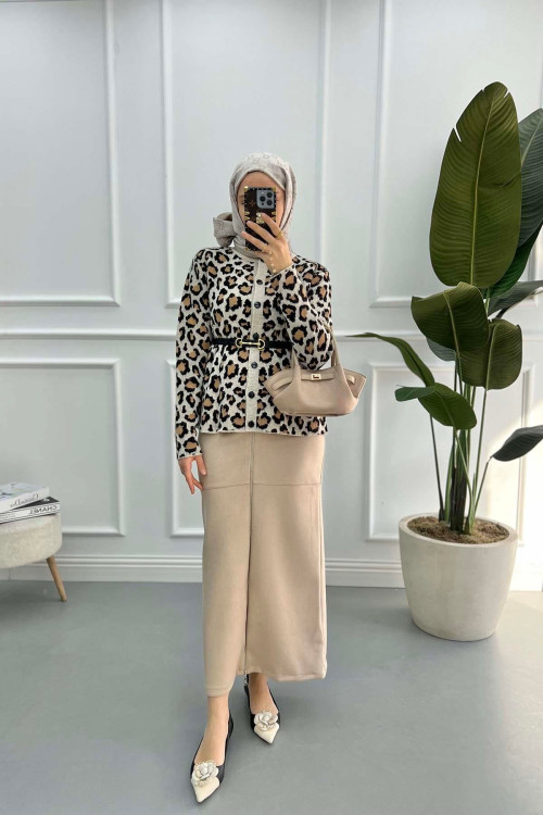 Leopard Patterned Cardigan Beige