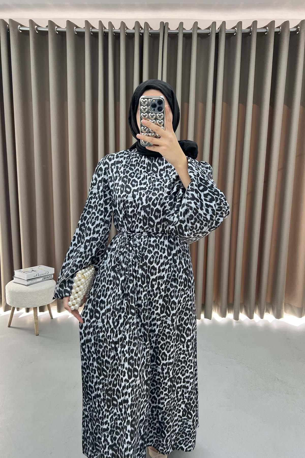 Leopard Print Satin Dress Black