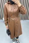 Leopard Detailed Leather Trench Coat Brown