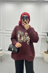 Leopard Printed Three Thread Sweatshirt Cherry Maroon