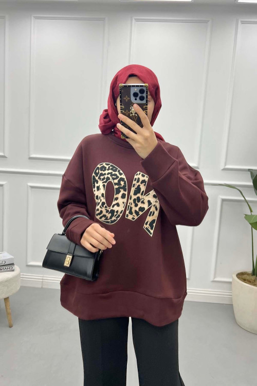 Leopard Printed Three Thread Sweatshirt Cherry Maroon