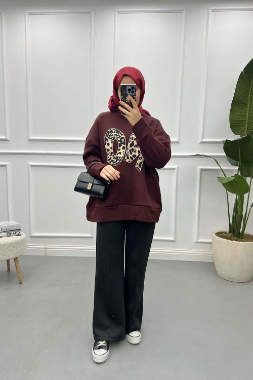 Leopard Printed Three Thread Sweatshirt Cherry Maroon