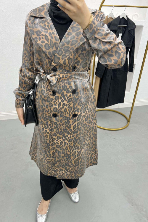 Leopard Shiny Trench Coat Leopard