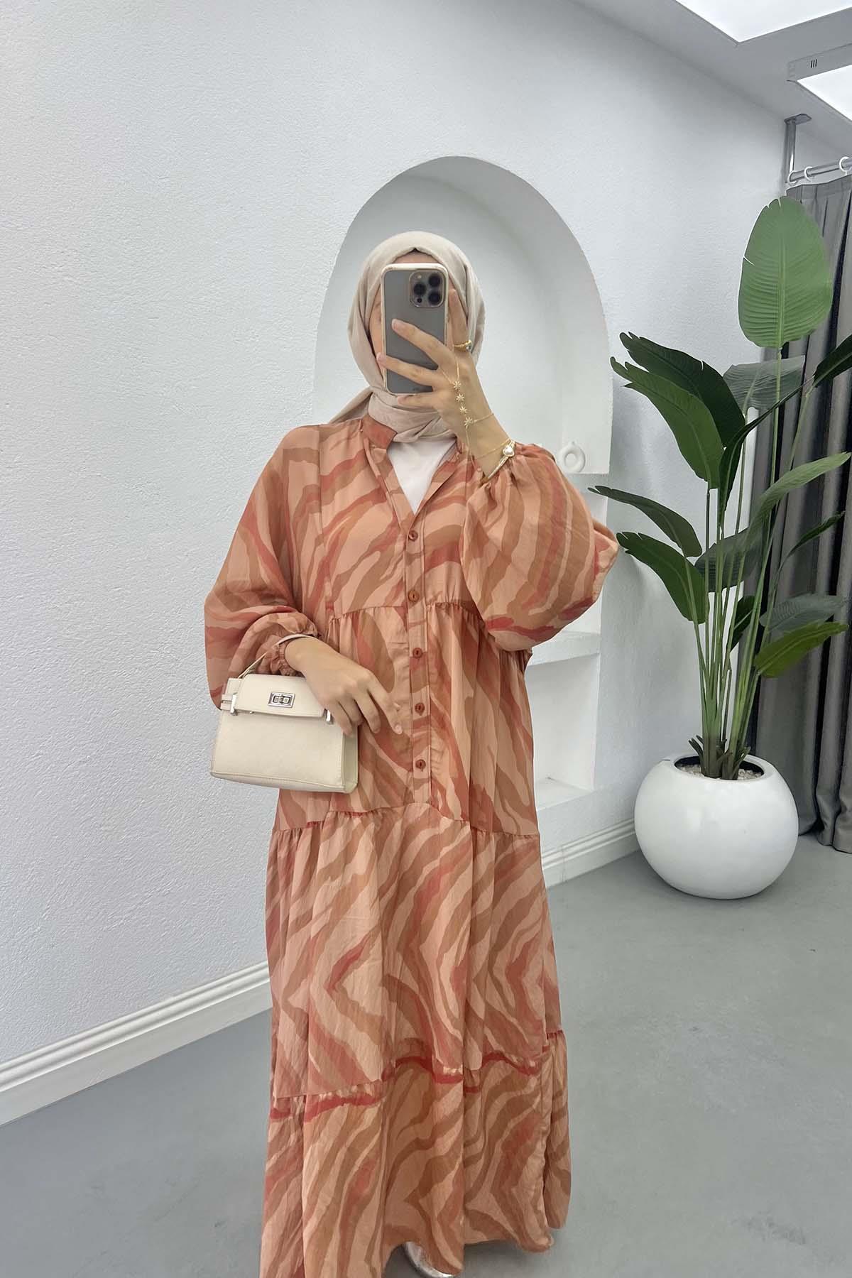 Mango Fabric Patterned Dress Camel