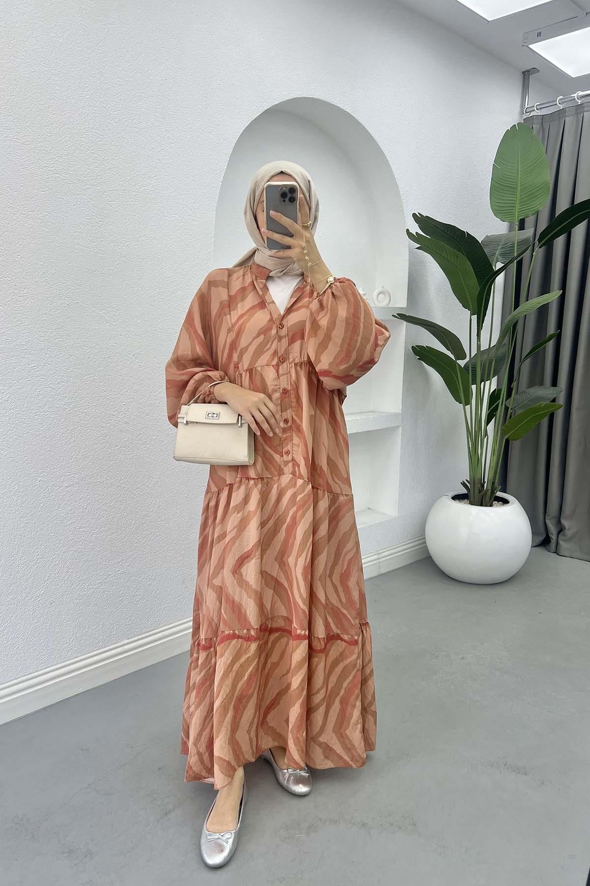 Mango Fabric Patterned Dress Camel