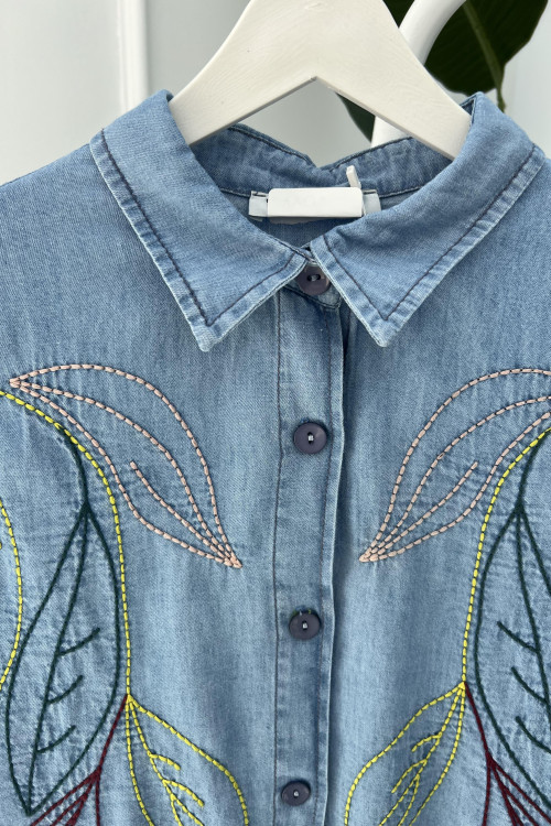 Embroidered Denim Shirt Light Blue