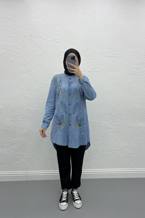 Embroidered Denim Shirt Light Blue