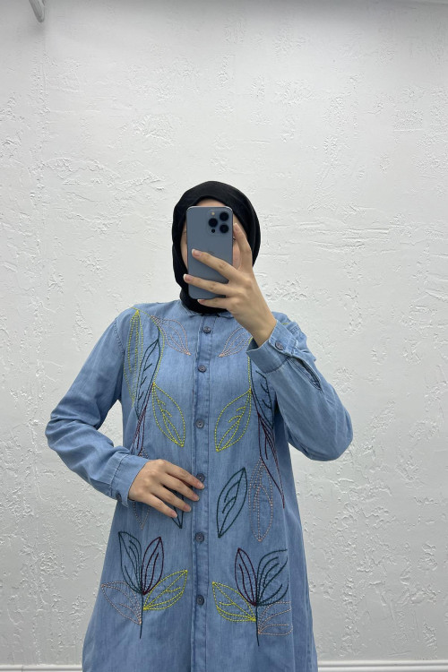 Embroidered Denim Shirt Light Blue