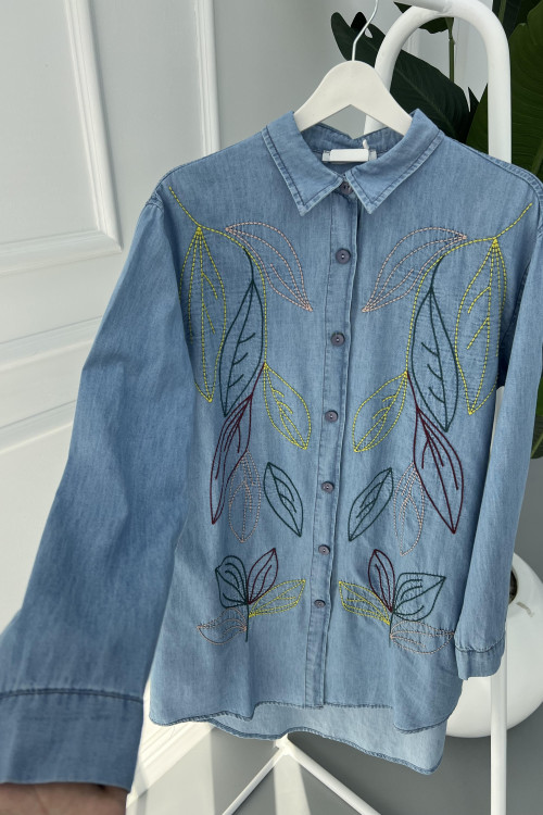 Embroidered Denim Shirt Light Blue