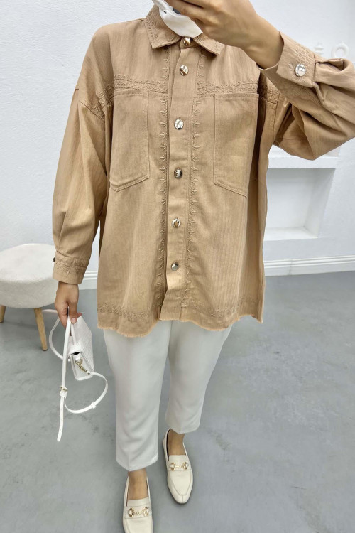 Embroidered Denim Shirt Camel