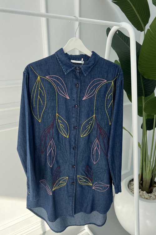 Embroidered Denim Shirt Dark Blue