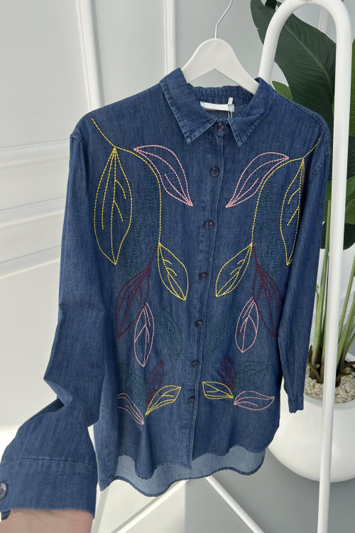 Embroidered Denim Shirt Dark Blue