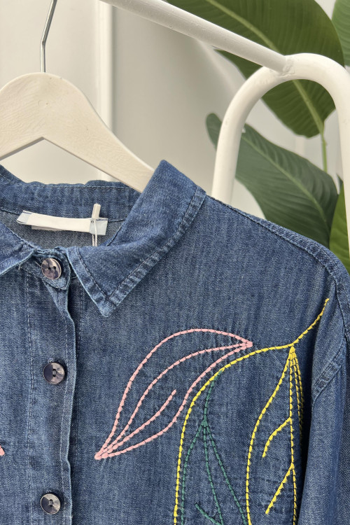 Embroidered Denim Shirt Dark Blue