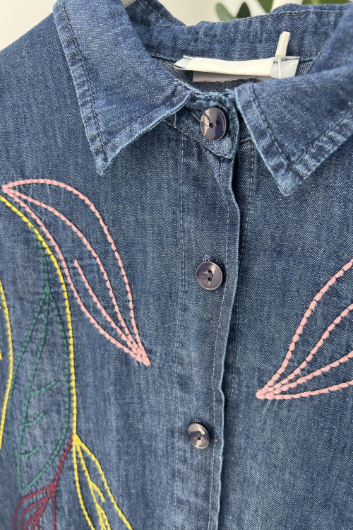 Embroidered Denim Shirt Dark Blue