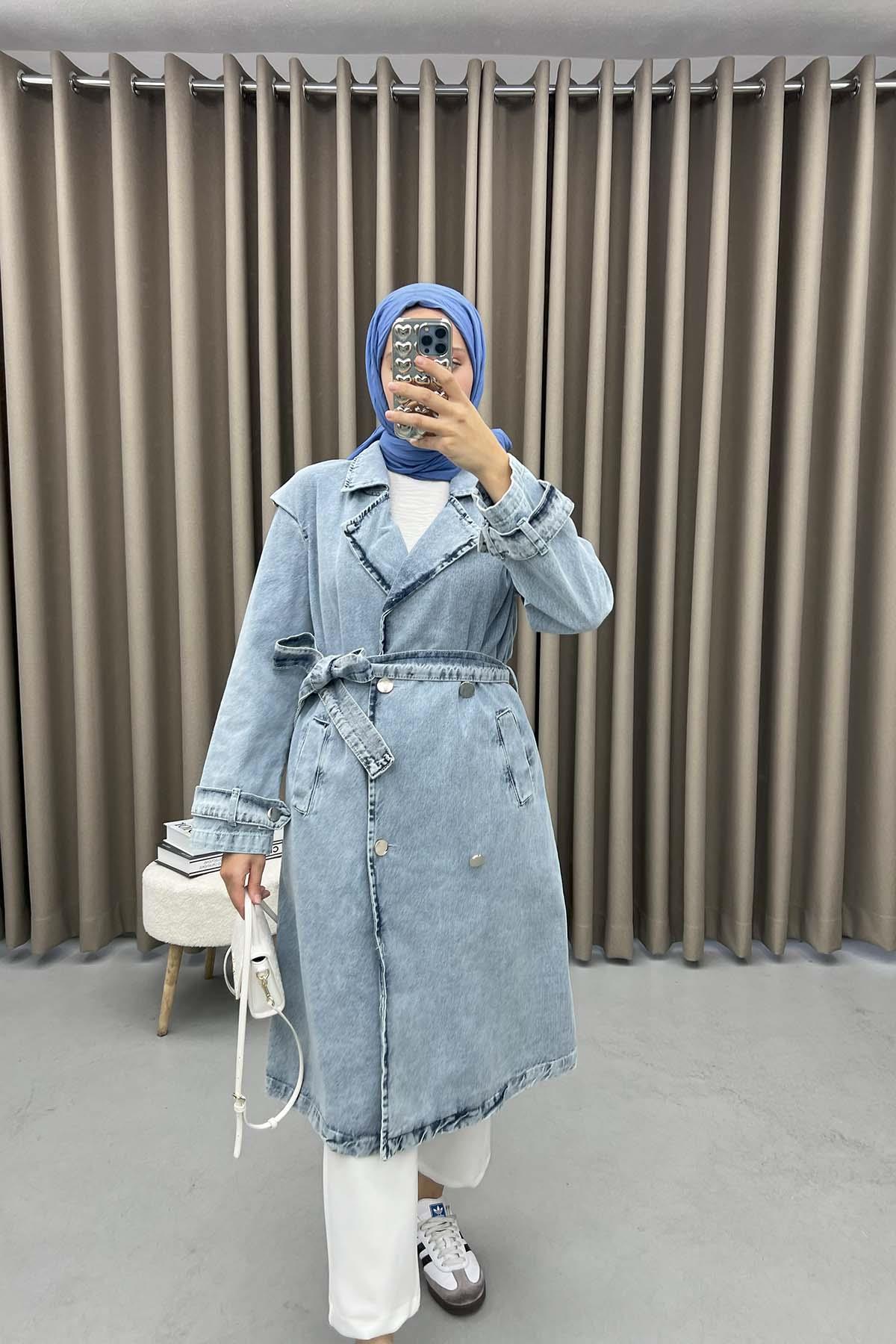 Shoulder Detailed Denim Trench Coat Blue