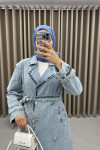 Shoulder Detailed Denim Trench Coat Blue