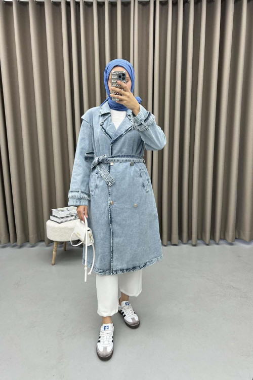 Shoulder Detailed Denim Trench Coat Blue