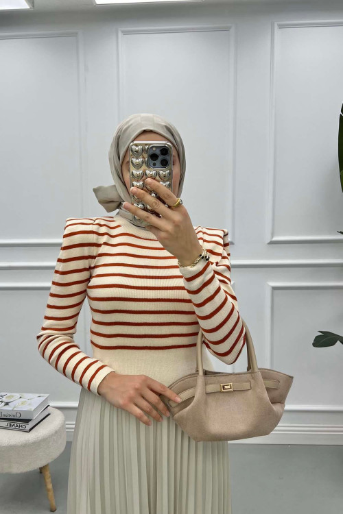 Shoulder Padded Striped Sweater Brick