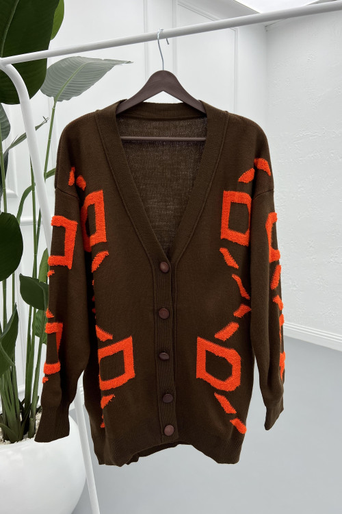 Knitted Embossed Sweater Cardigan Brown