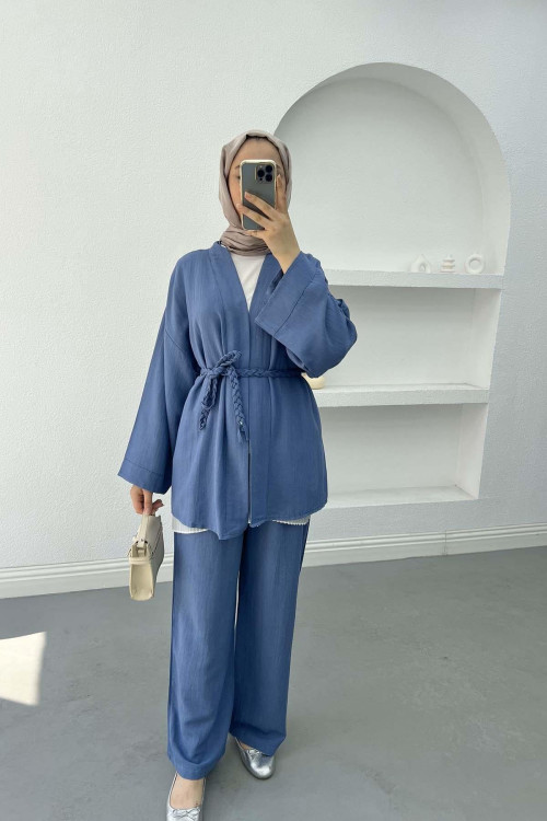 Knitted Belted Linen Kimono Indigo