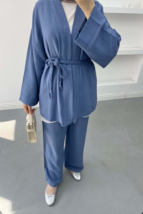 Knitted Belted Linen Kimono Indigo