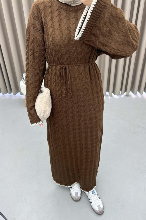 Knitted Embroidered Sweater Dress Bitter Brown