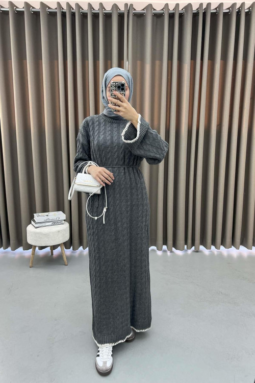 Knitted Embroidered Sweater Dress Gray