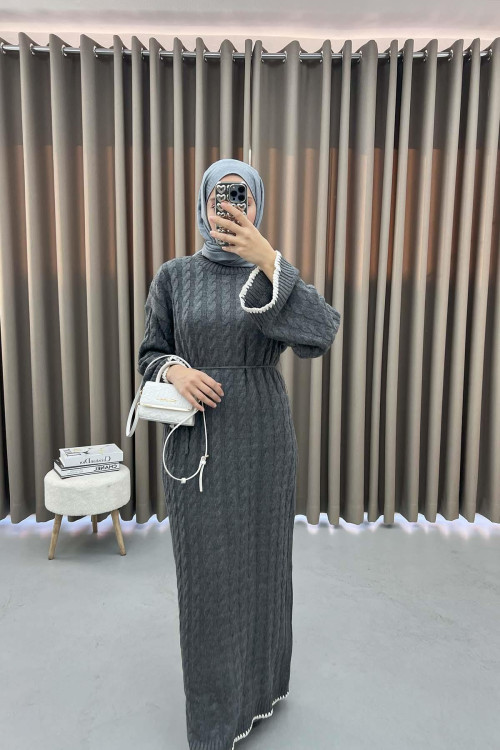 Knitted Embroidered Sweater Dress Gray