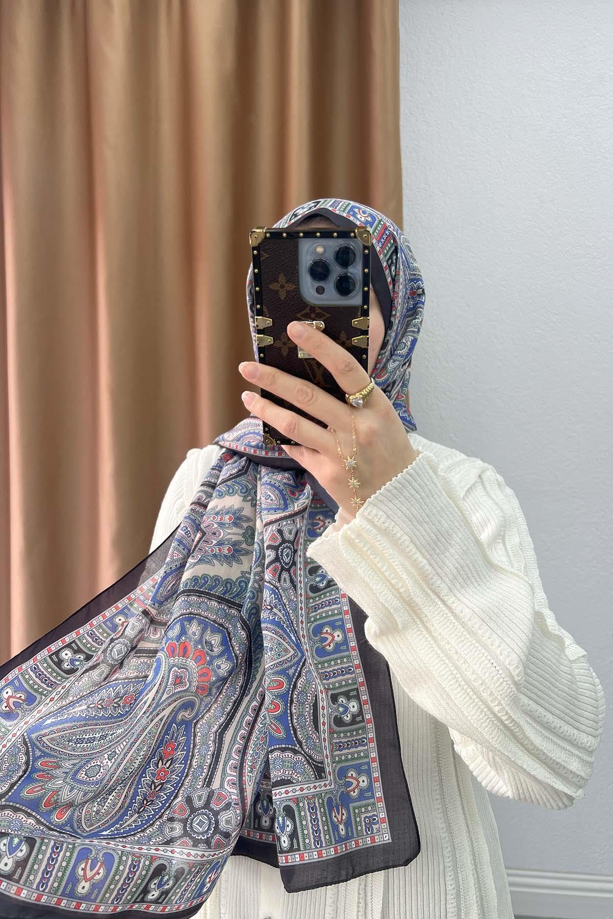 Authentic Patterned Shawl Black-Blue