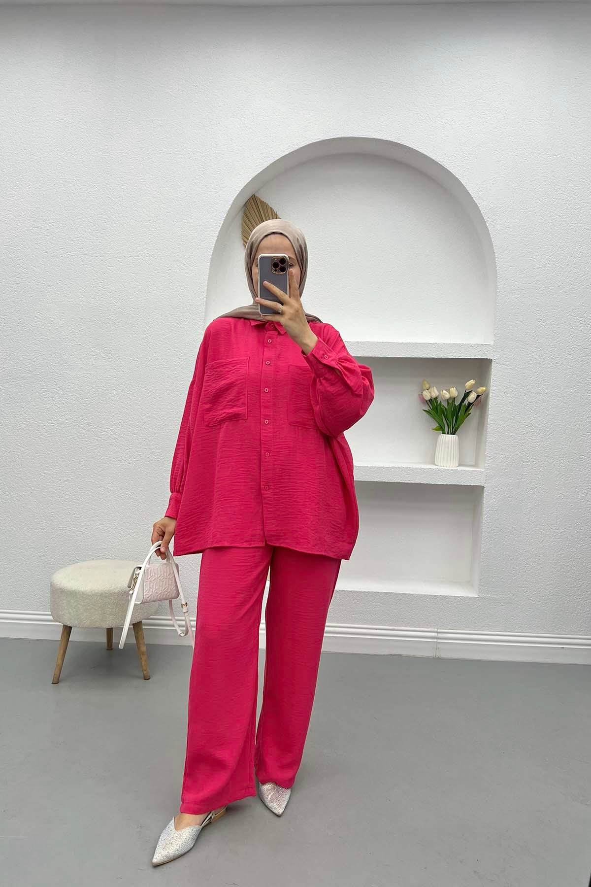 Oversize Pocket Linen Suit Fuchsia