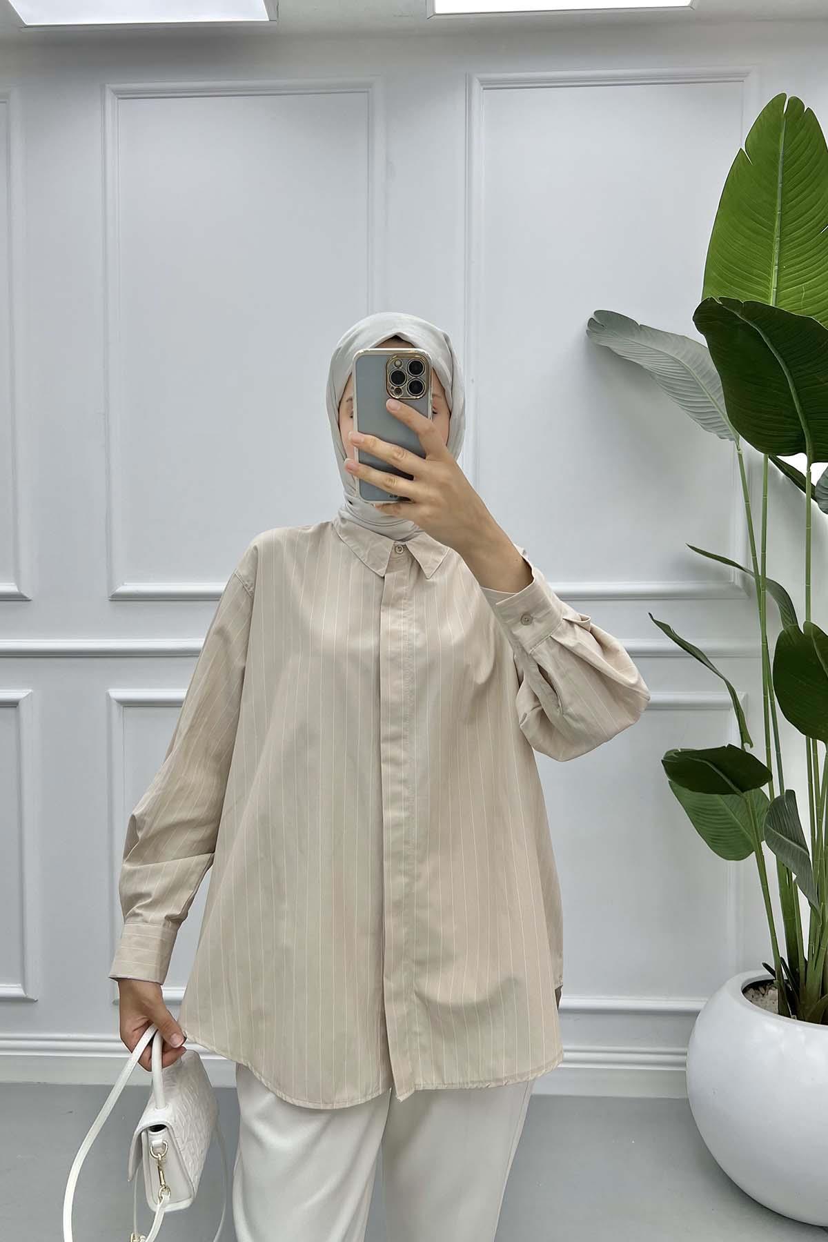 Oversize Striped Shirt Beige