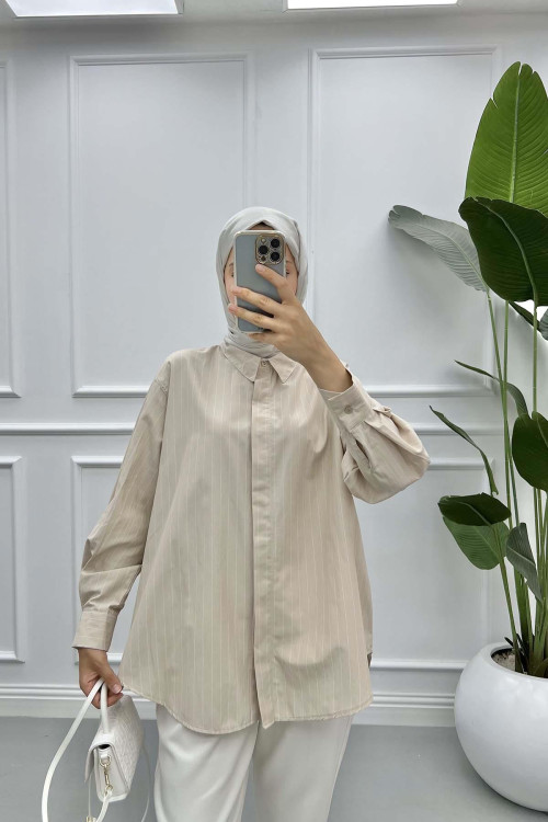 Oversize Striped Shirt Beige