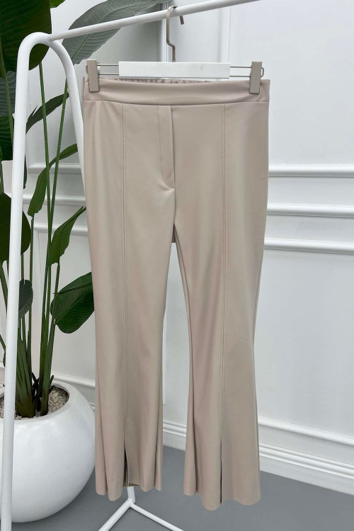 Leather Trousers with Slit Legs Beige