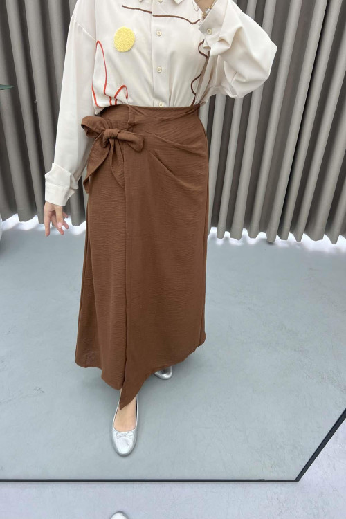 Pleated Detailed Tied Skirt Brown